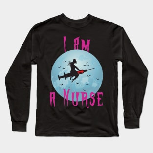 Halloween Nurse Flying With A Syringe In The Sky Long Sleeve T-Shirt